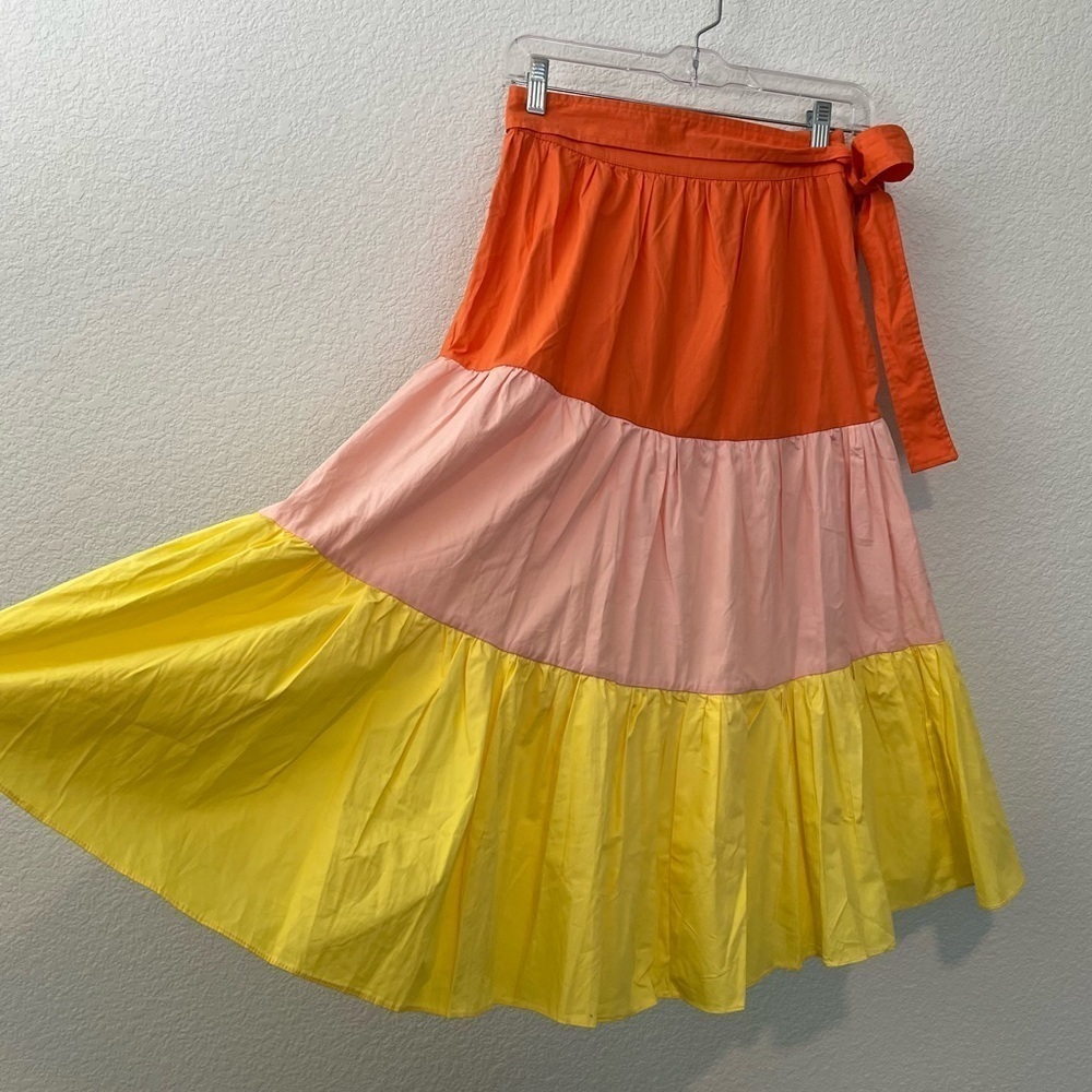 English Factory Midi Tiered Color Block Orange Peach Yellow Skirt with Belt- XS - Picture 4 of 12